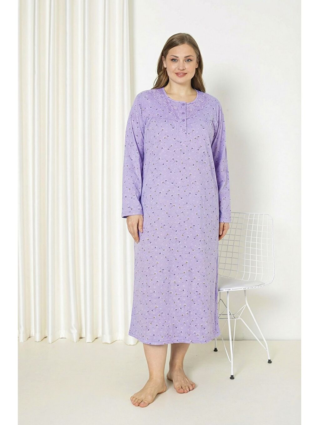 Lila %100 Pamuklu Mevsimlik Kumaş Uzun Kollu Büyük Beden Anne Geceliği 585-1