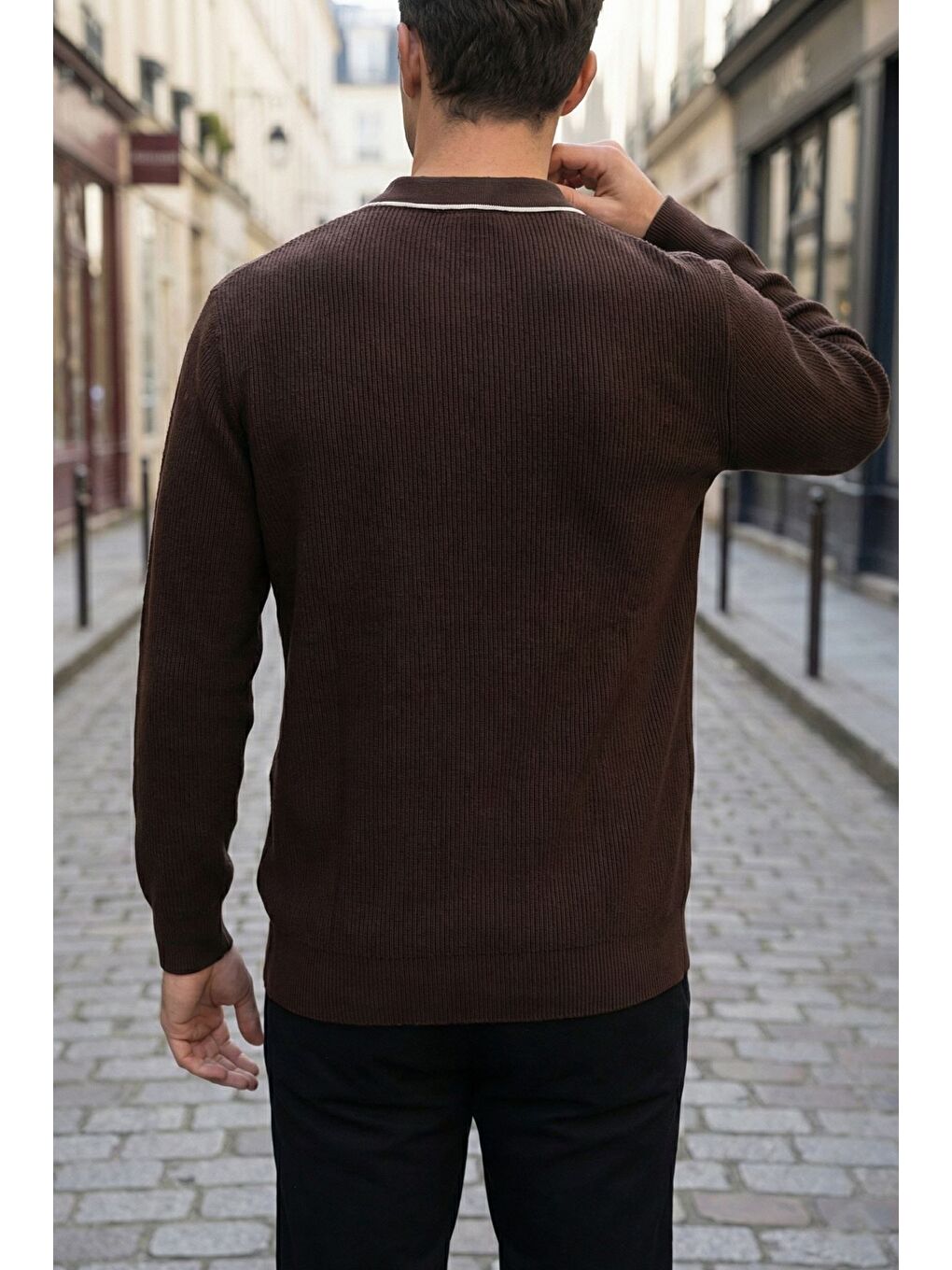 Kahverengi Erkek Polo Yaka Kendinden Çizgi Desenli Triko Kazak-2