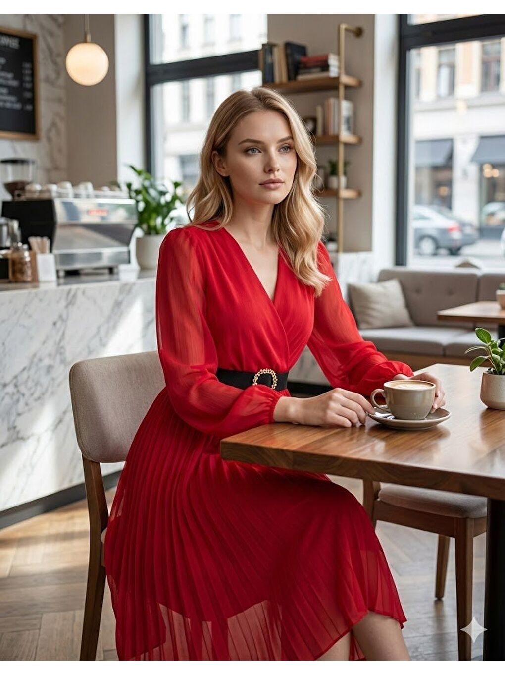 Kırmızı Kadın şifon Kumaş Astalı Kloş Kesim Kruvaze Yaka Midi Boy Elbise-1