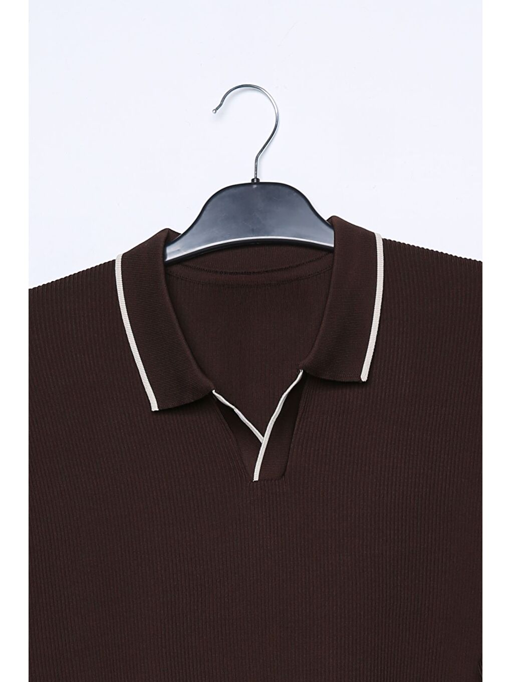 Kahverengi Erkek Polo Yaka Kendinden Çizgi Desenli Triko Kazak-3