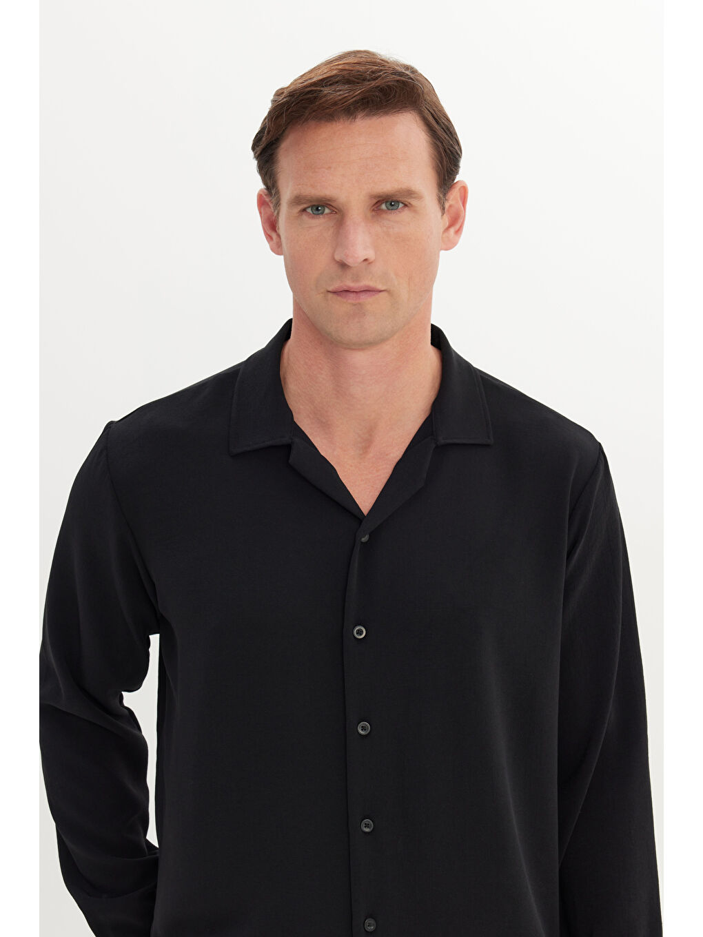 Erkek Siyah Comfort Fit Rahat Kesim Hawai Yaka Jakarlı Gömlek-3