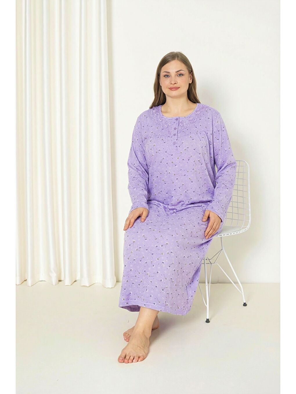 Lila %100 Pamuklu Mevsimlik Kumaş Uzun Kollu Büyük Beden Anne Geceliği 585-3