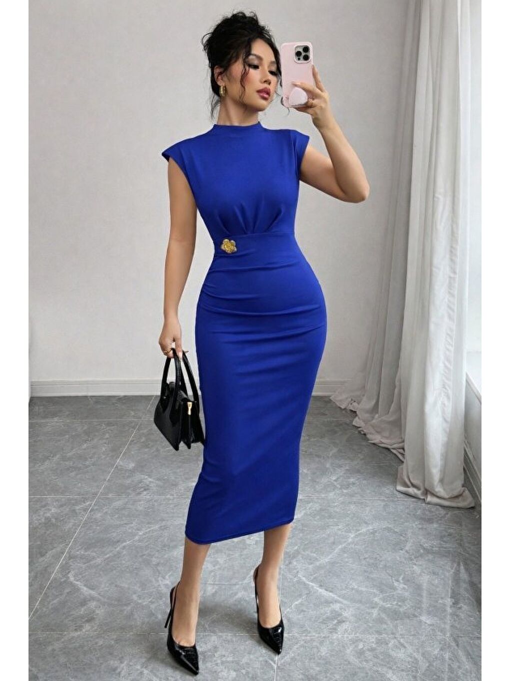 Mavi Kadın Yarı Balıkçı Yaka Kısa Kollu çicek Aksesuar Detaylı Midi Dalgıç Elbise-1