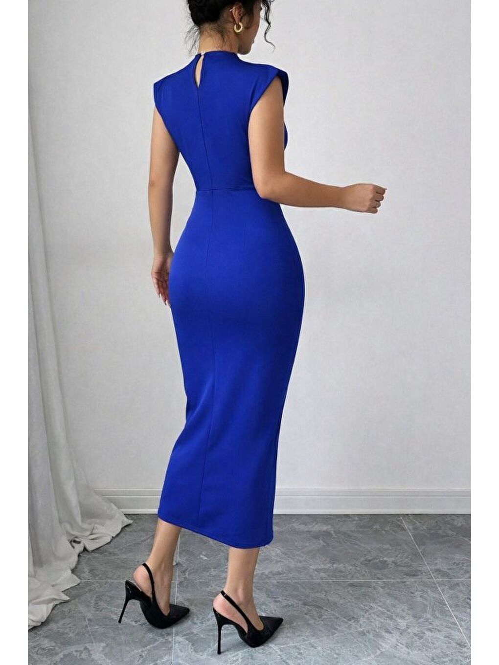 Mavi Kadın Yarı Balıkçı Yaka Kısa Kollu çicek Aksesuar Detaylı Midi Dalgıç Elbise-2