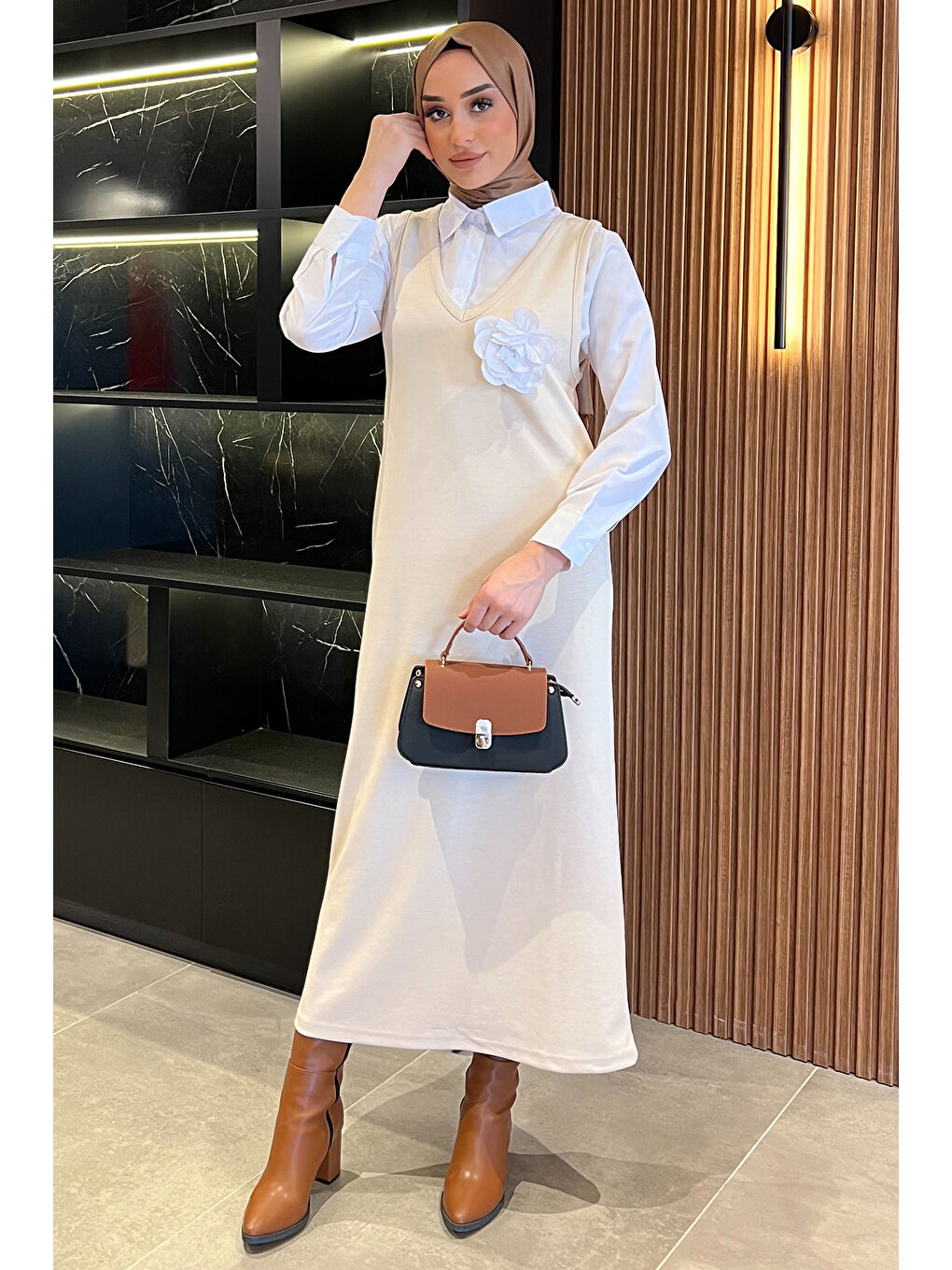 Bej Kadın Tesettür Gömlek Jile Kombin Elbise-3
