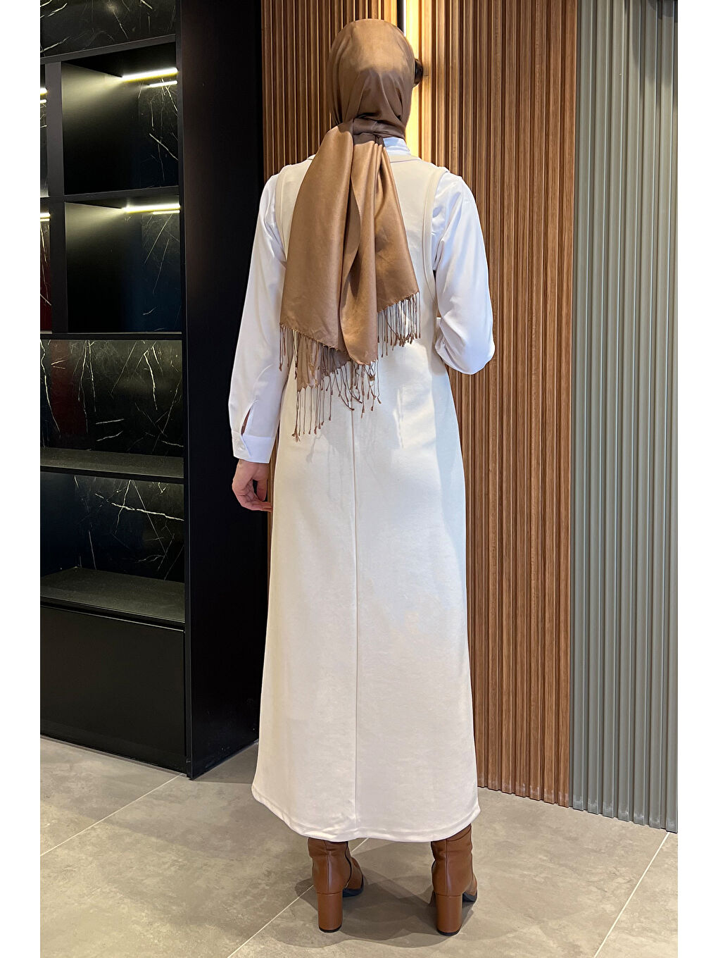 Bej Kadın Tesettür Gömlek Jile Kombin Elbise-7