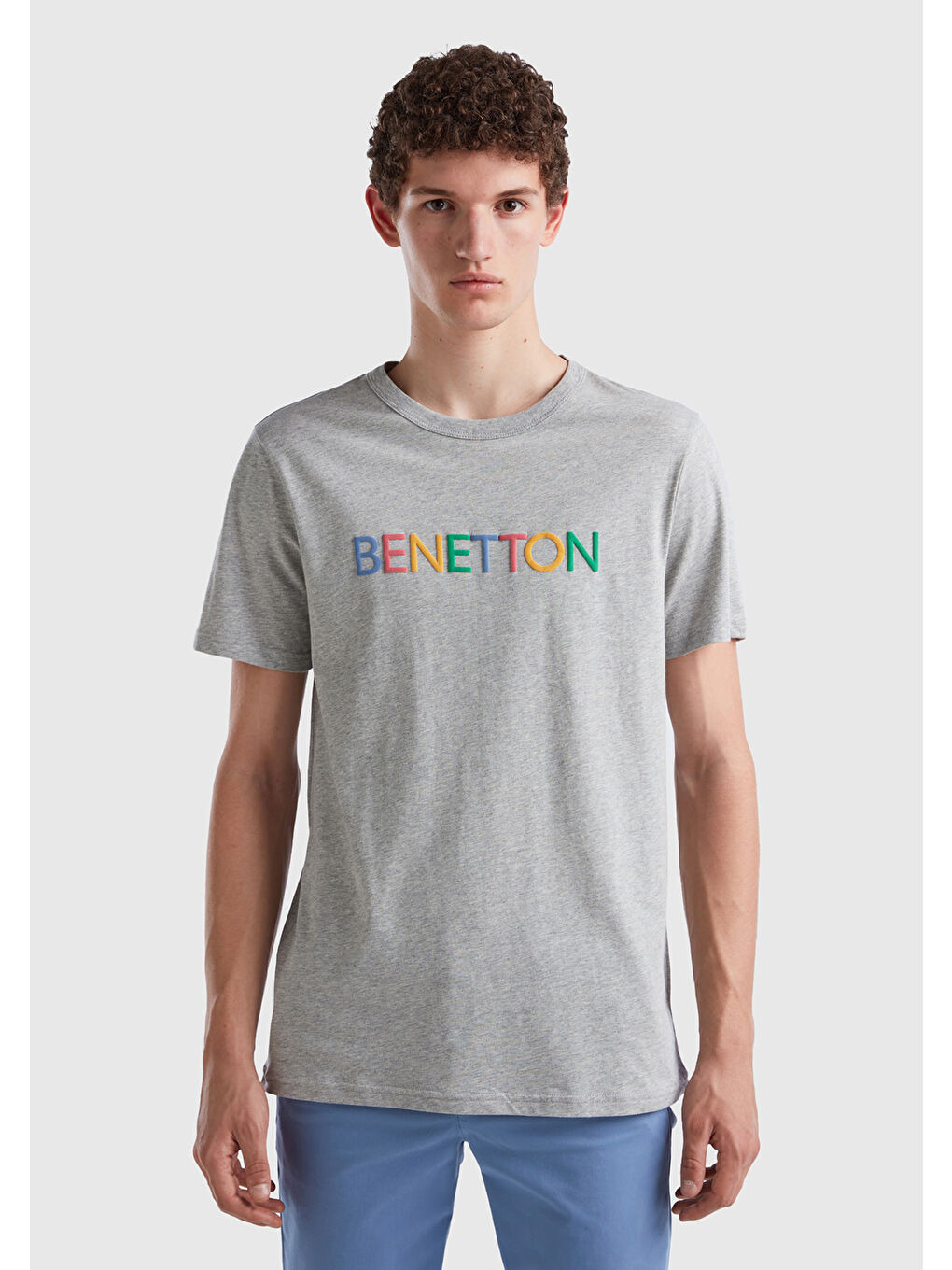 United Colors Of Benetton Erkek Gri Melanj Logo Baskılı Organik Pamuklu T-Shirt