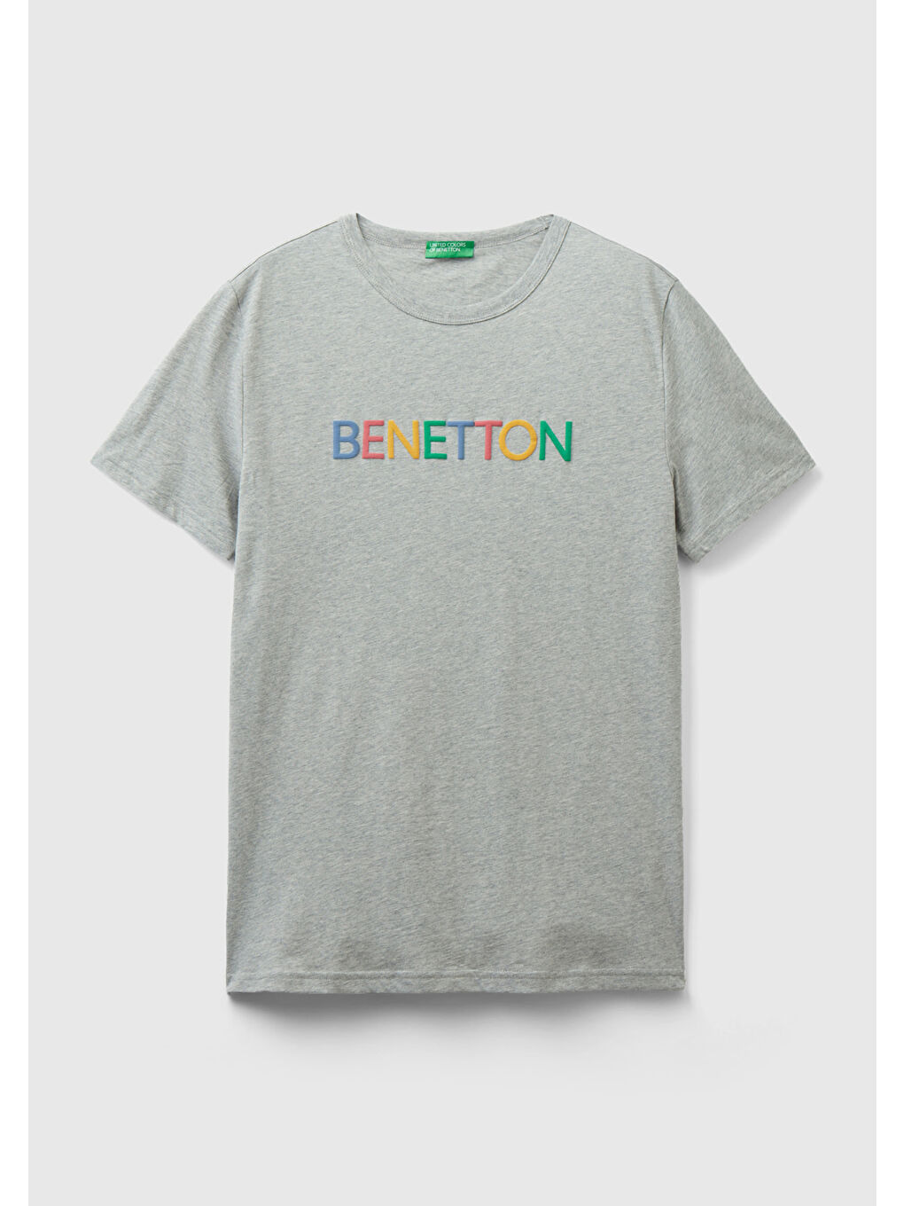 United Colors Of Benetton Erkek Gri Melanj Logo Baskılı Organik Pamuklu T-Shirt - 1