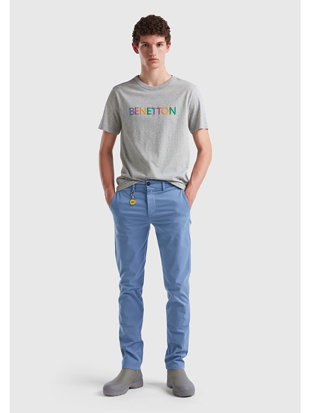 United Colors Of Benetton Erkek Gri Melanj Logo Baskılı Organik Pamuklu T-Shirt - 4