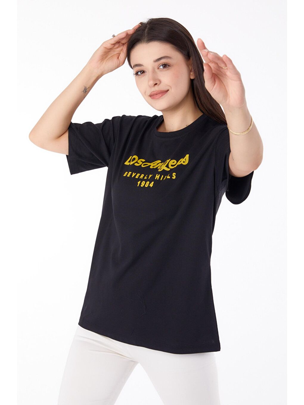 TOFİSA Siyah Düz Bisiklet Yaka Kadın Siyah Baskılı T-shirt - 25701 - 1