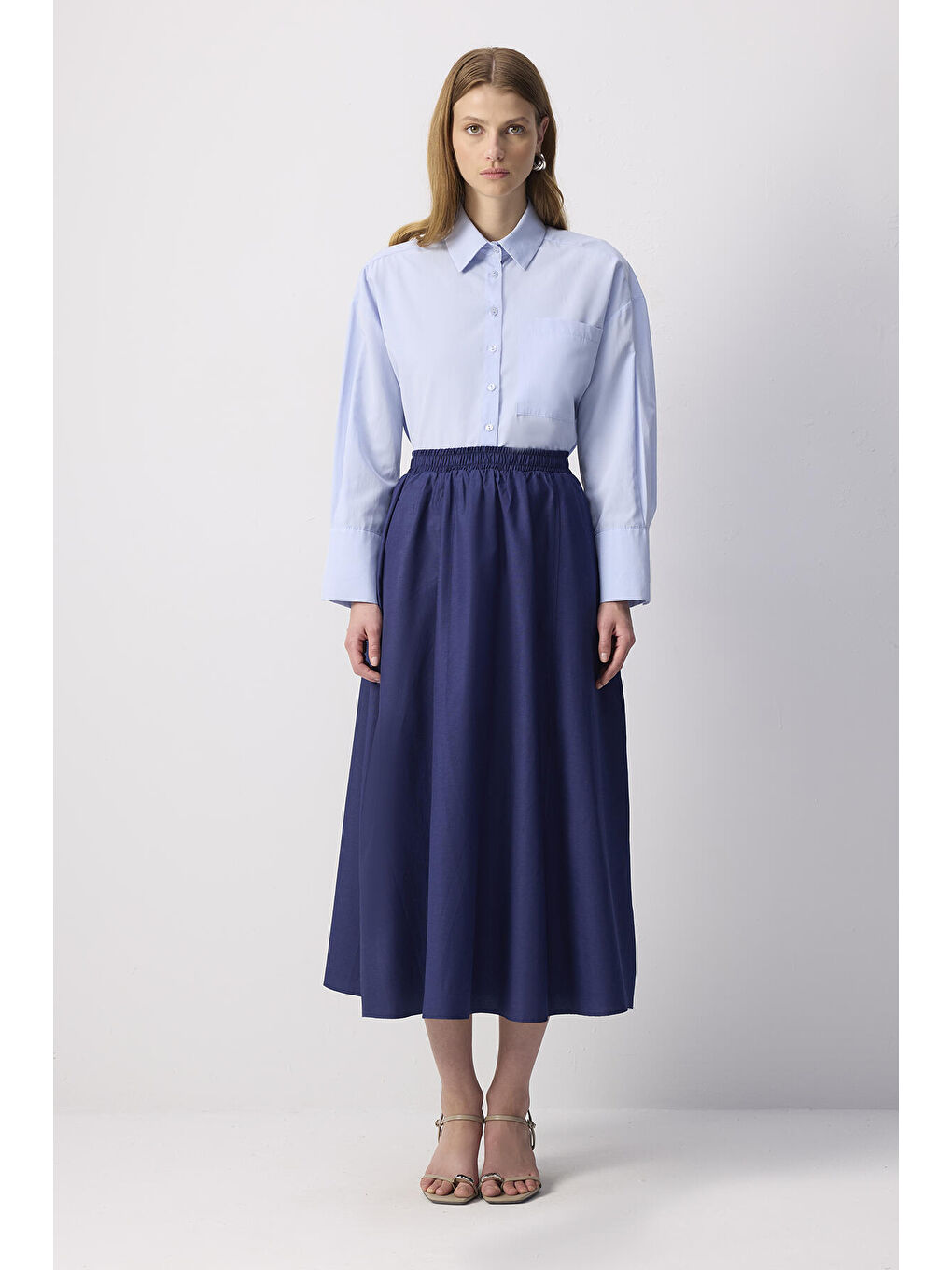 İndigo Beli Büzgülü Dokuma Etek