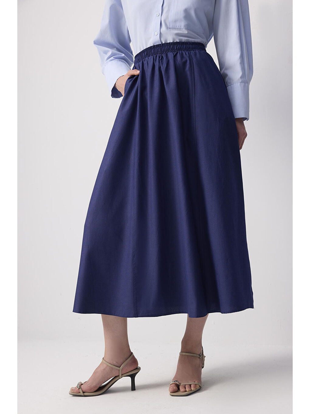 İndigo Beli Büzgülü Dokuma Etek-1