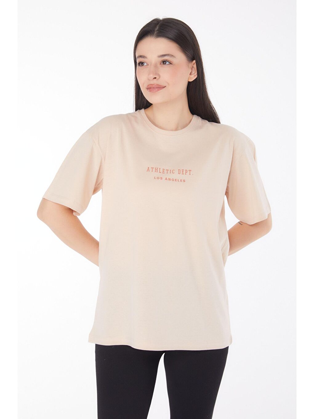 TOFİSA Düz Bisiklet Yaka Kadın Bej Baskılı T-shirt - 25693