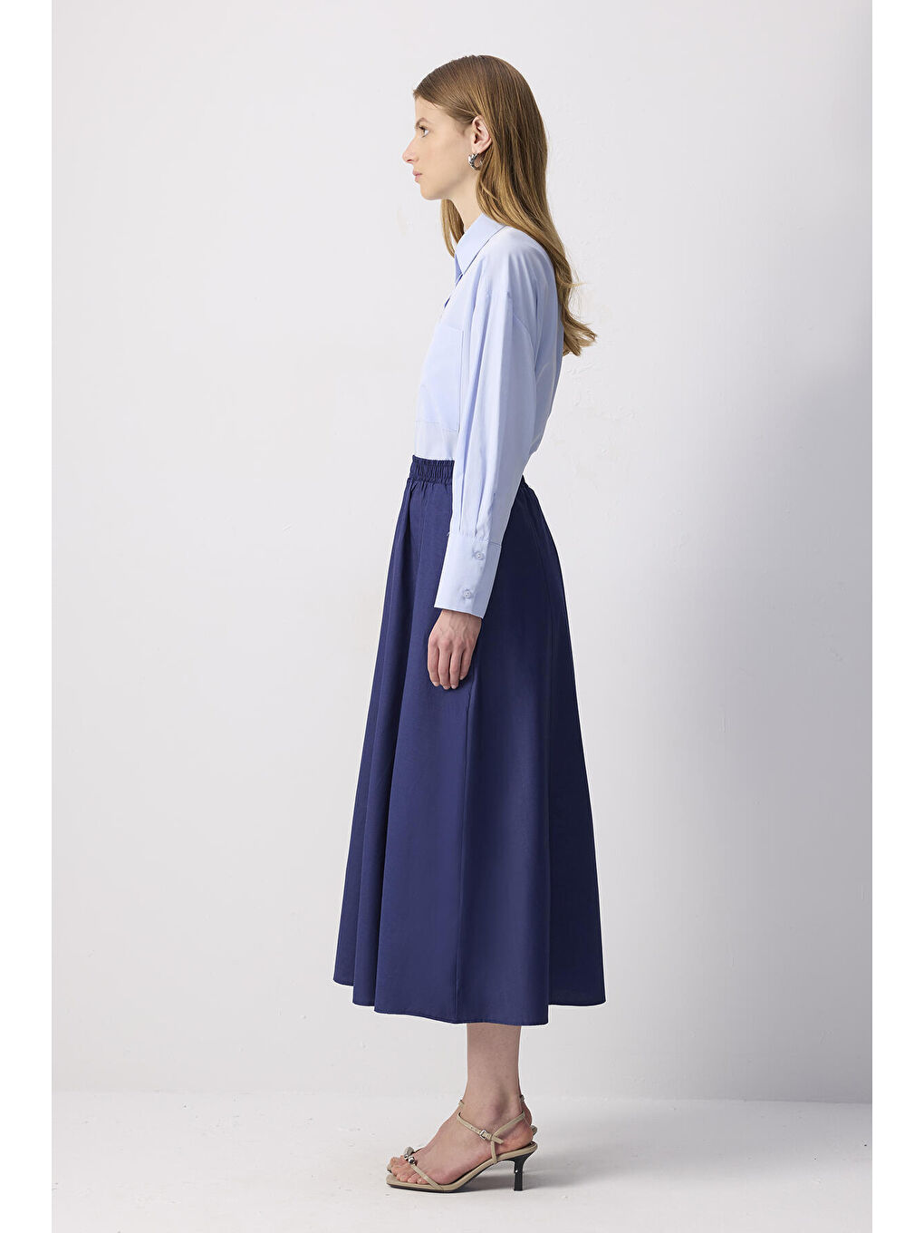 İndigo Beli Büzgülü Dokuma Etek-2