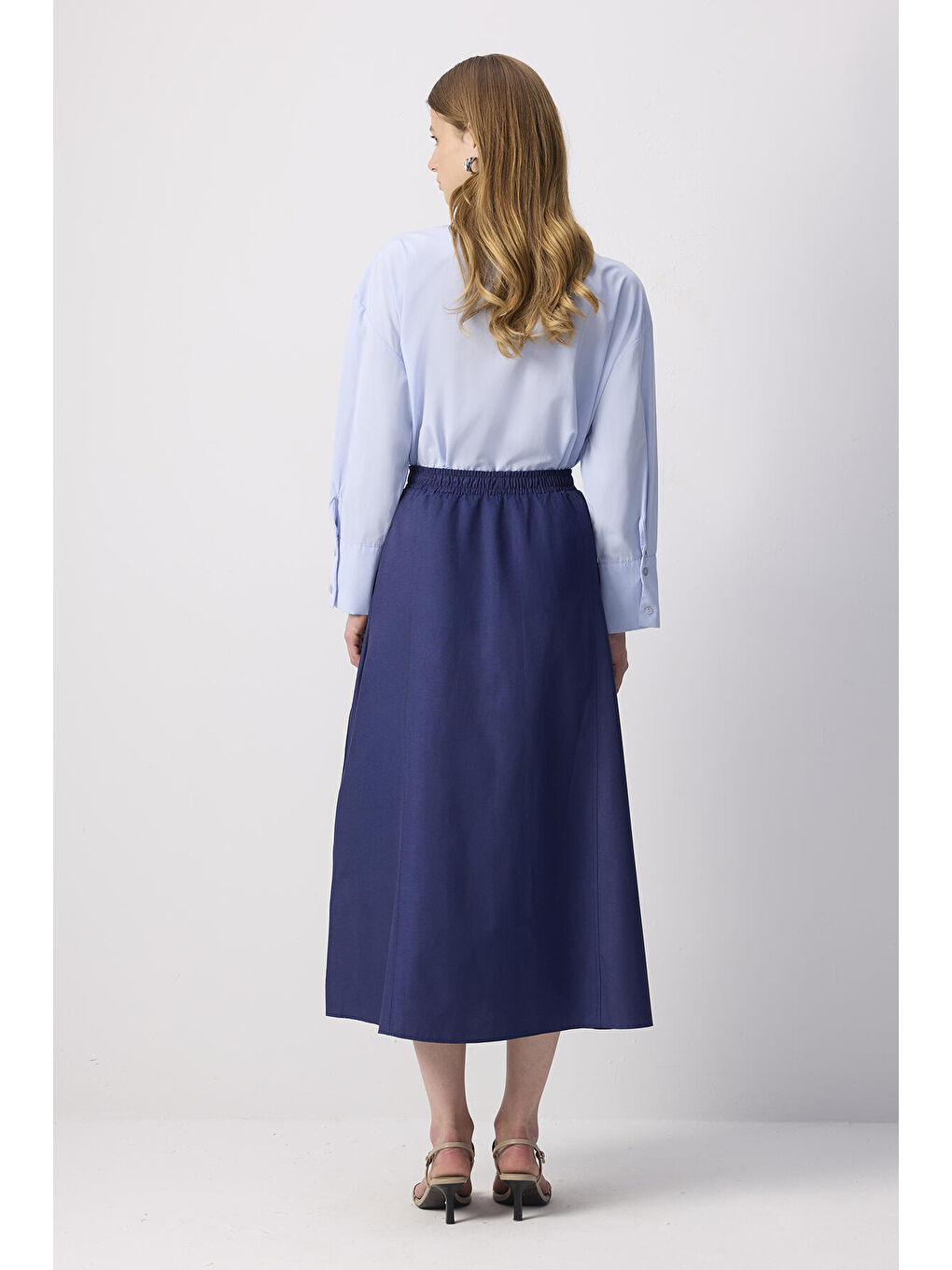 İndigo Beli Büzgülü Dokuma Etek-3
