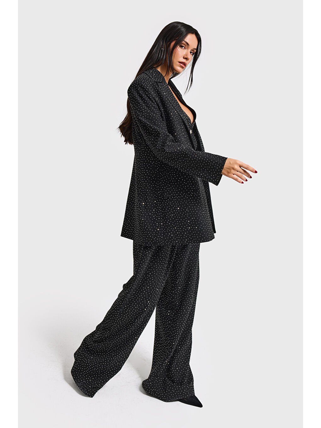 Kadın Siyah w5-1 Oversize Ful Parlak Taşlı Özel Tasarım Ceket-1