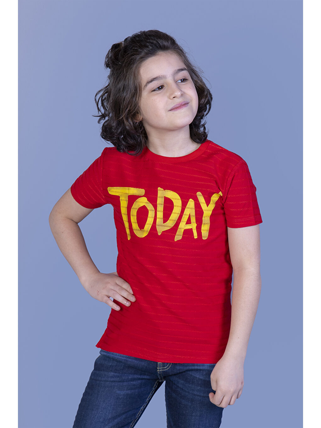 Kırmızı Erkek Çocuk Örgü Kumaş Detaylı Today Baskılı Tişört