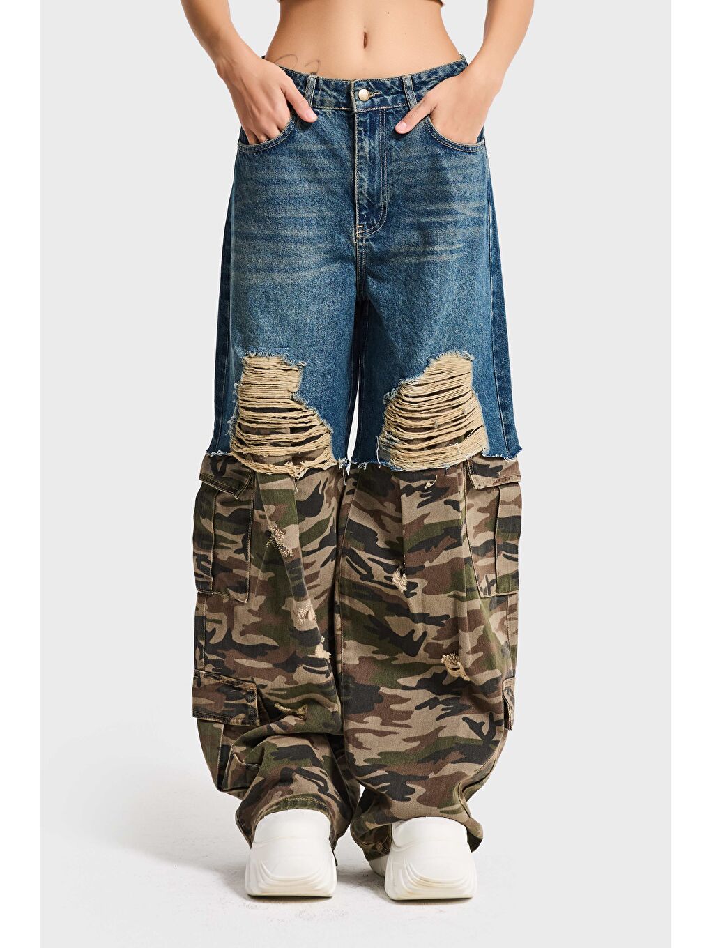 Kahverengi Kadın Kamuflaj 10s6-8 Süper Baggy Fit Özel Tasarım Denim Jean
