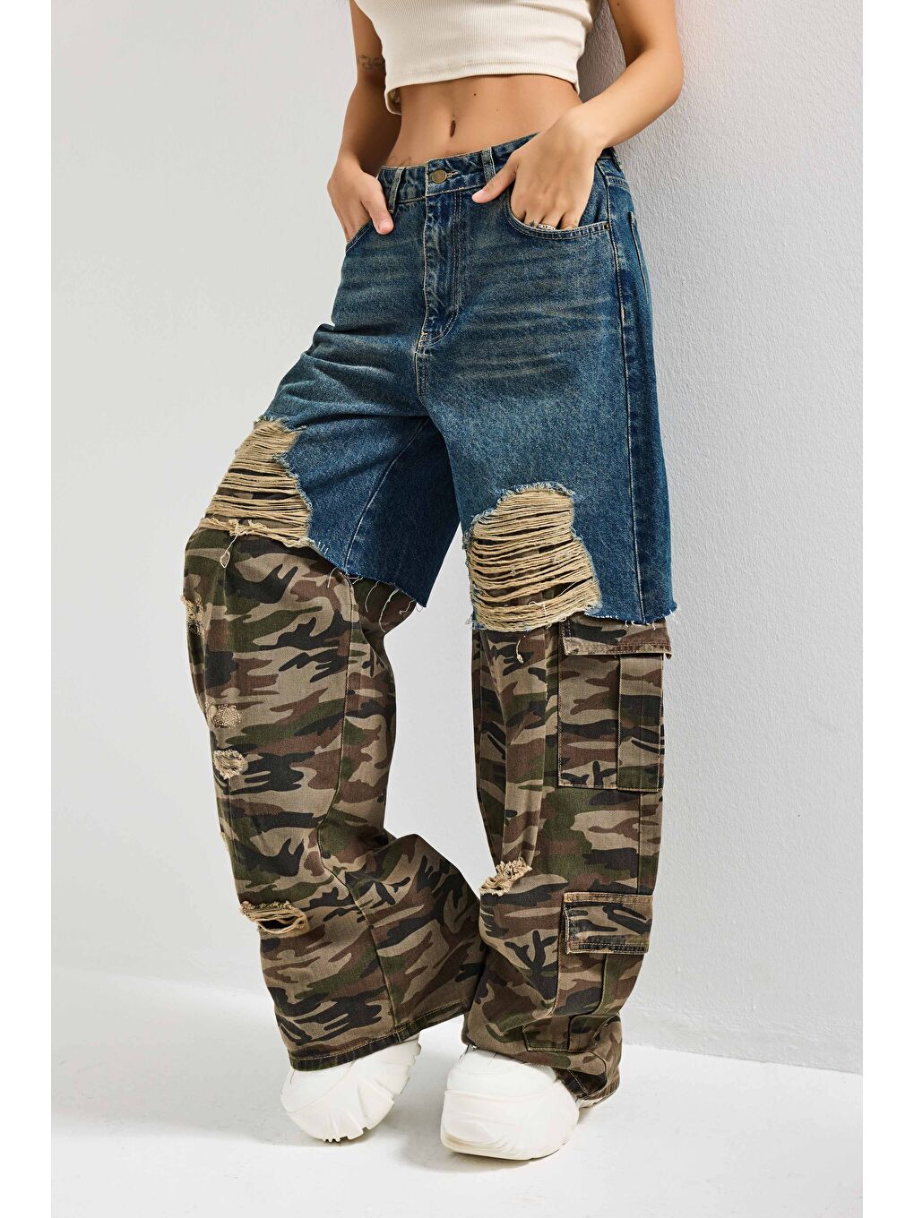 Kahverengi Kadın Kamuflaj 10s6-8 Süper Baggy Fit Özel Tasarım Denim Jean-2