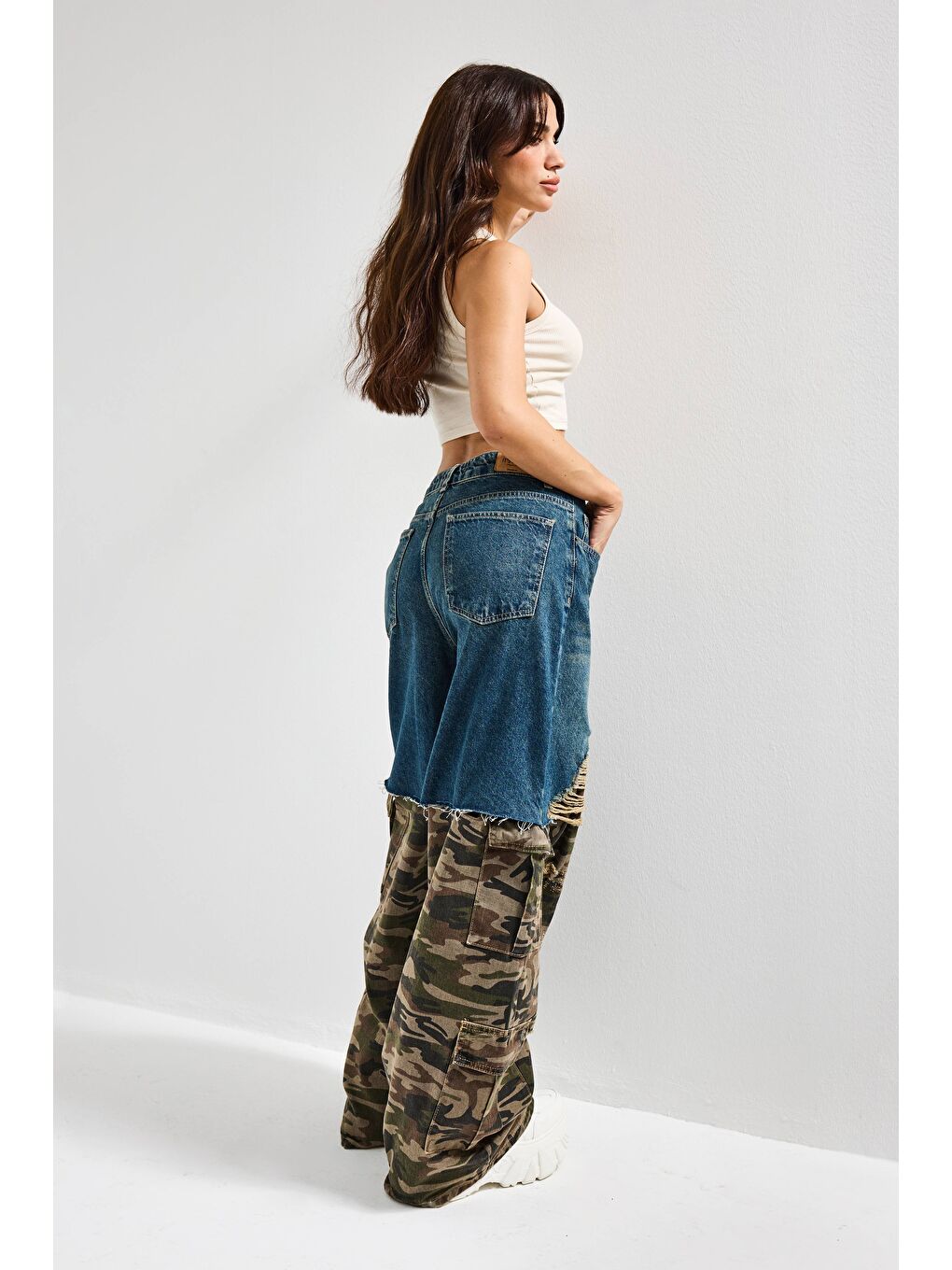 Kahverengi Kadın Kamuflaj 10s6-8 Süper Baggy Fit Özel Tasarım Denim Jean-3