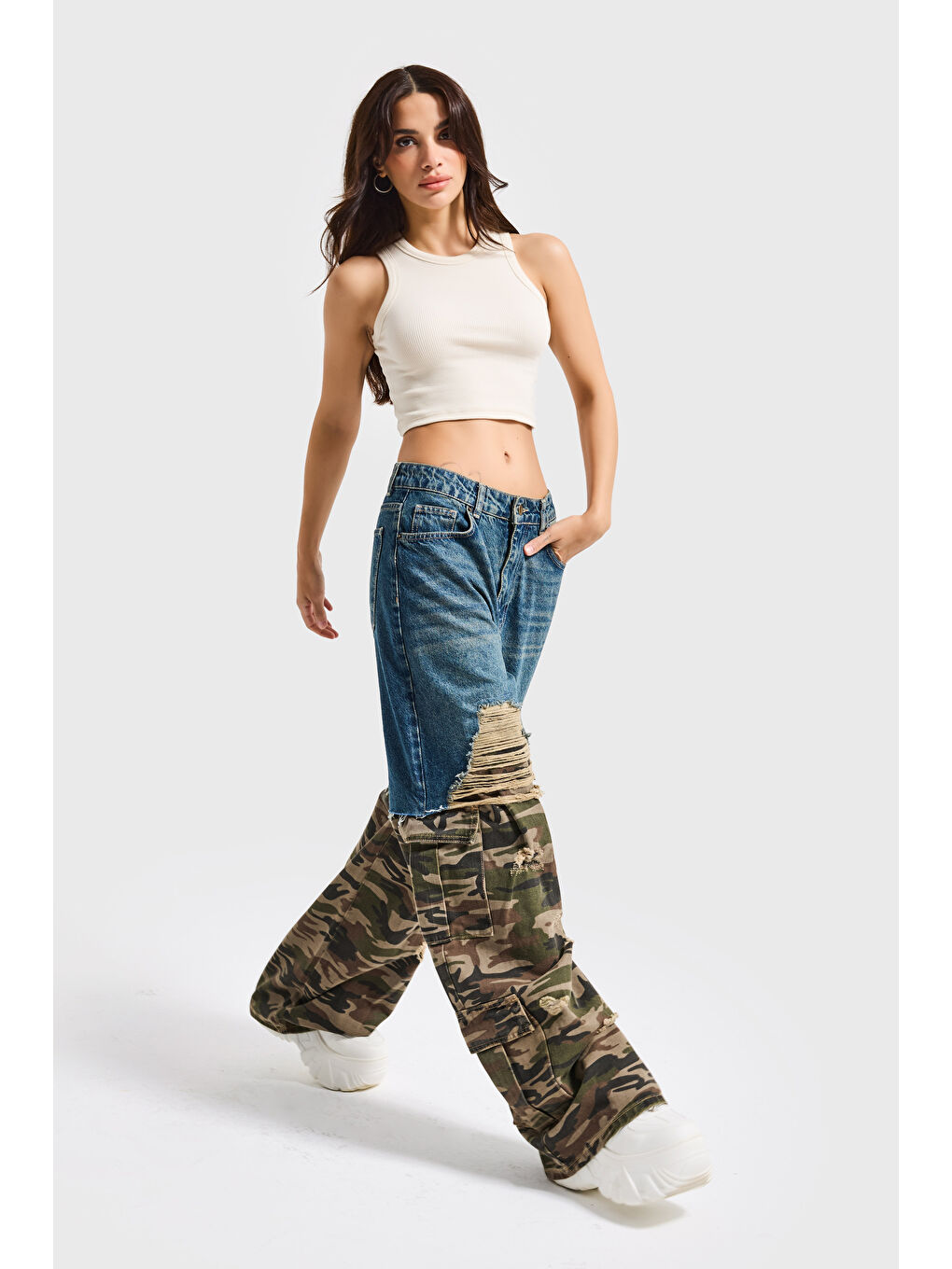 Kahverengi Kadın Kamuflaj 10s6-8 Süper Baggy Fit Özel Tasarım Denim Jean-4