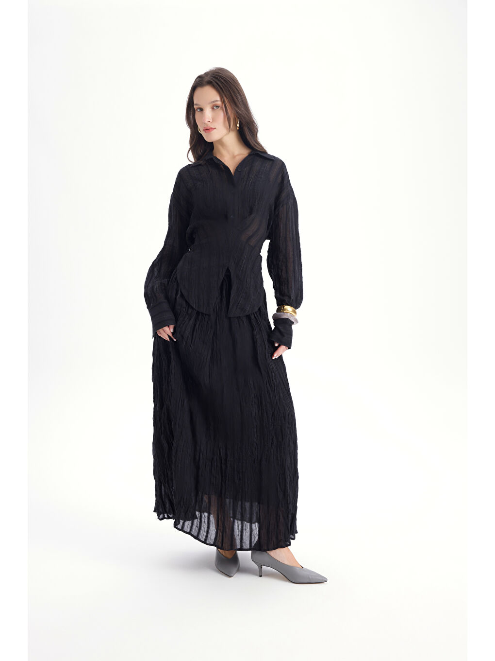 Vesper Üçgen Kesim Bağlamalı Siyah Gömlek-5