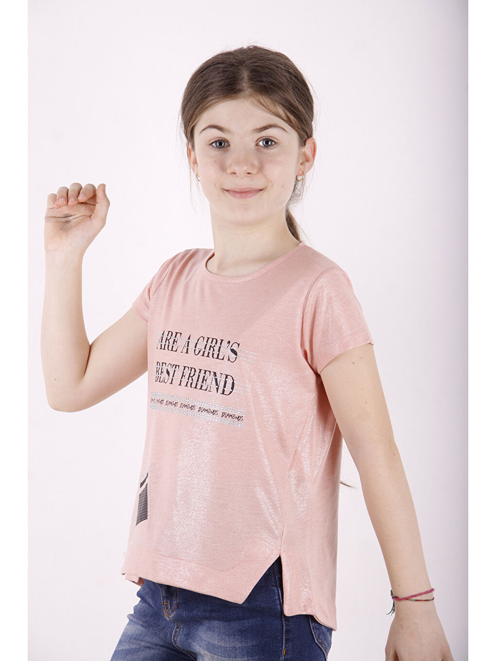 Pembe Kız Çocuk Best Friend Baskılı Taş Detaylı Tişört-1