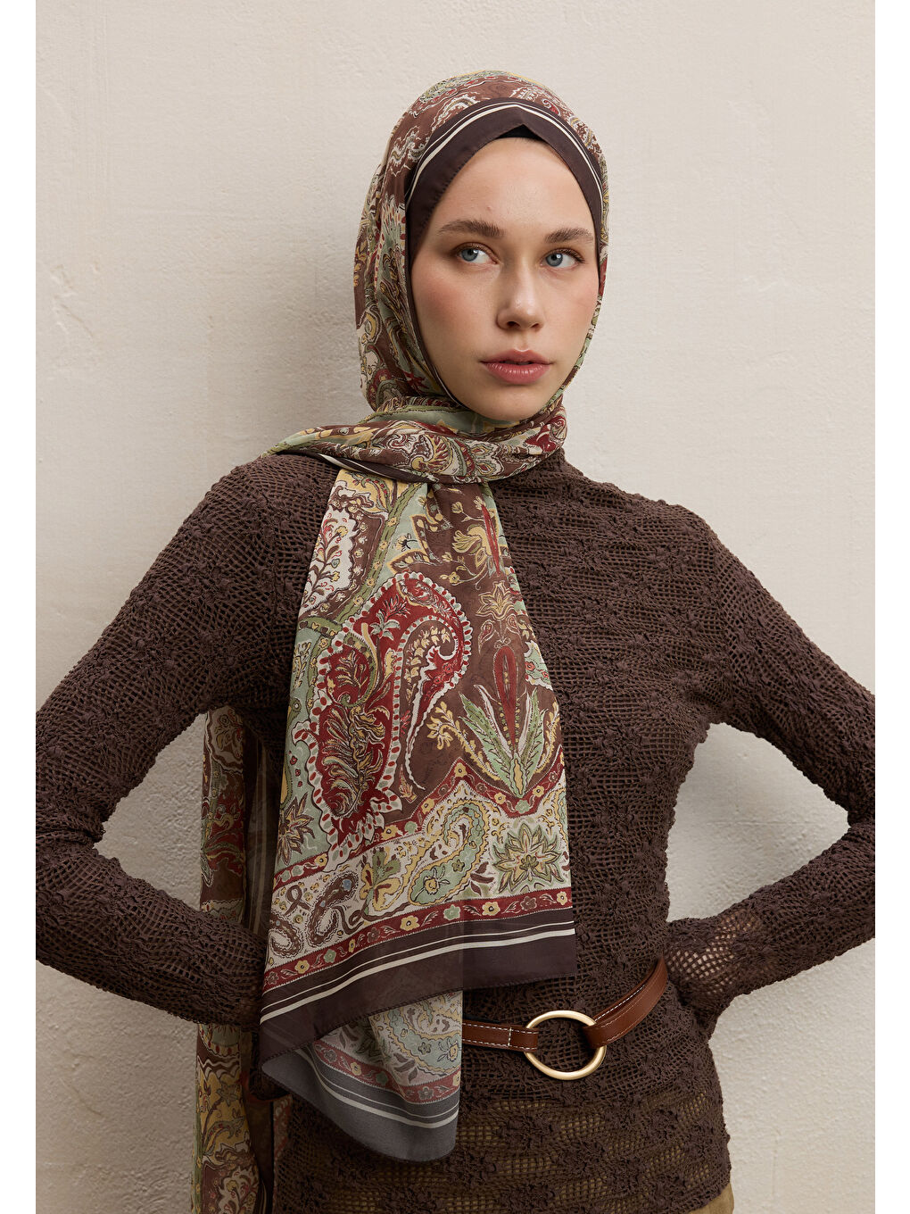 Kahverengi Dark Bohemy Desen İpek Krep Şal Kahve-1