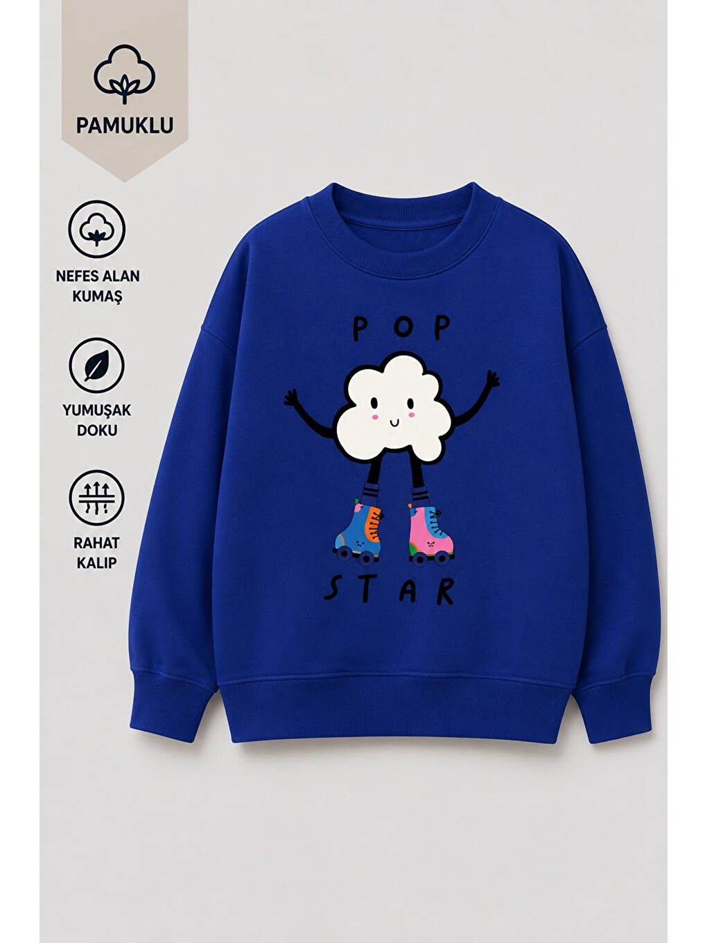 Lacivert Kız Çocuk 3 İplik Kumaş Pamuklu Popcorn Baskılı Sweatshirt-1