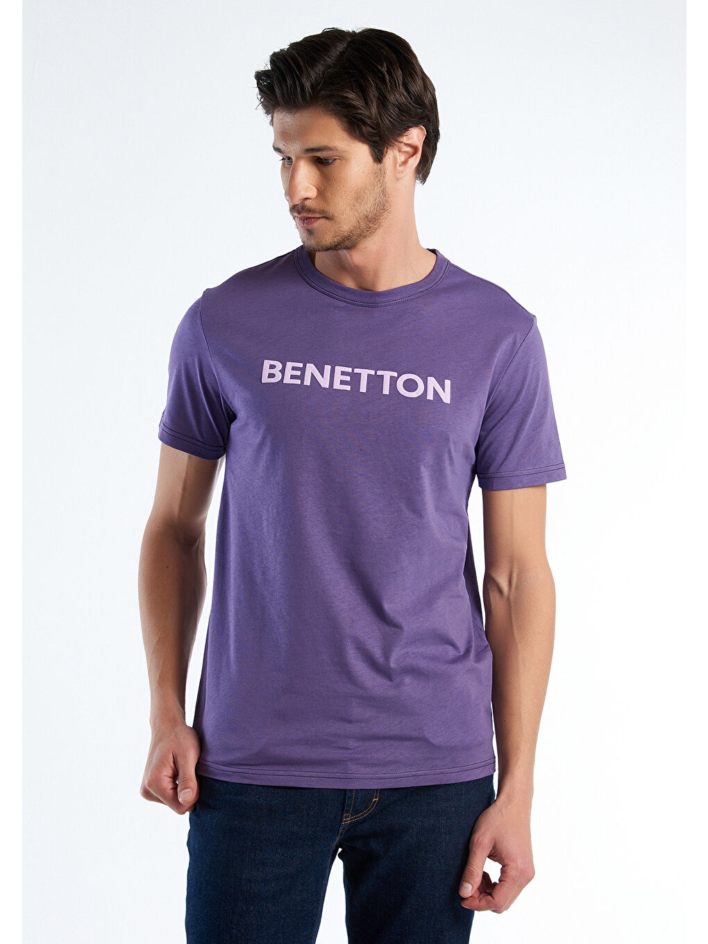 United Colors Of Benetton Erkek Mor Logo Baskılı Organik Pamuklu T-Shirt - 1