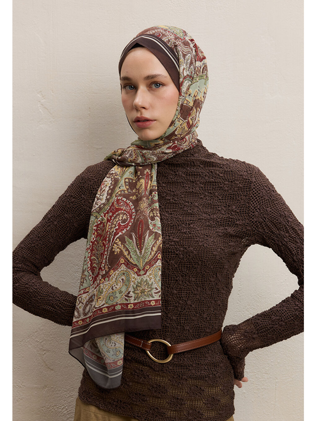 Kahverengi Dark Bohemy Desen İpek Krep Şal Kahve-2