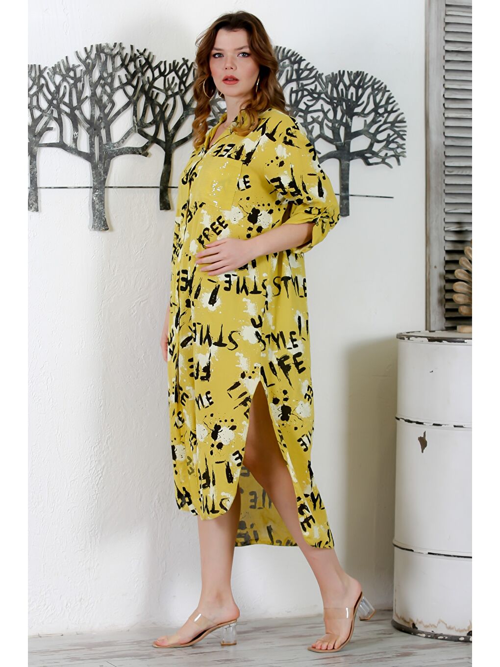 Sarı İtalyan Hardal Rengi Gömlek Yaka Düğmeli Uzun Kollu Çift Cepli Allover Baskılı Dokuma Elbise 130 65-1