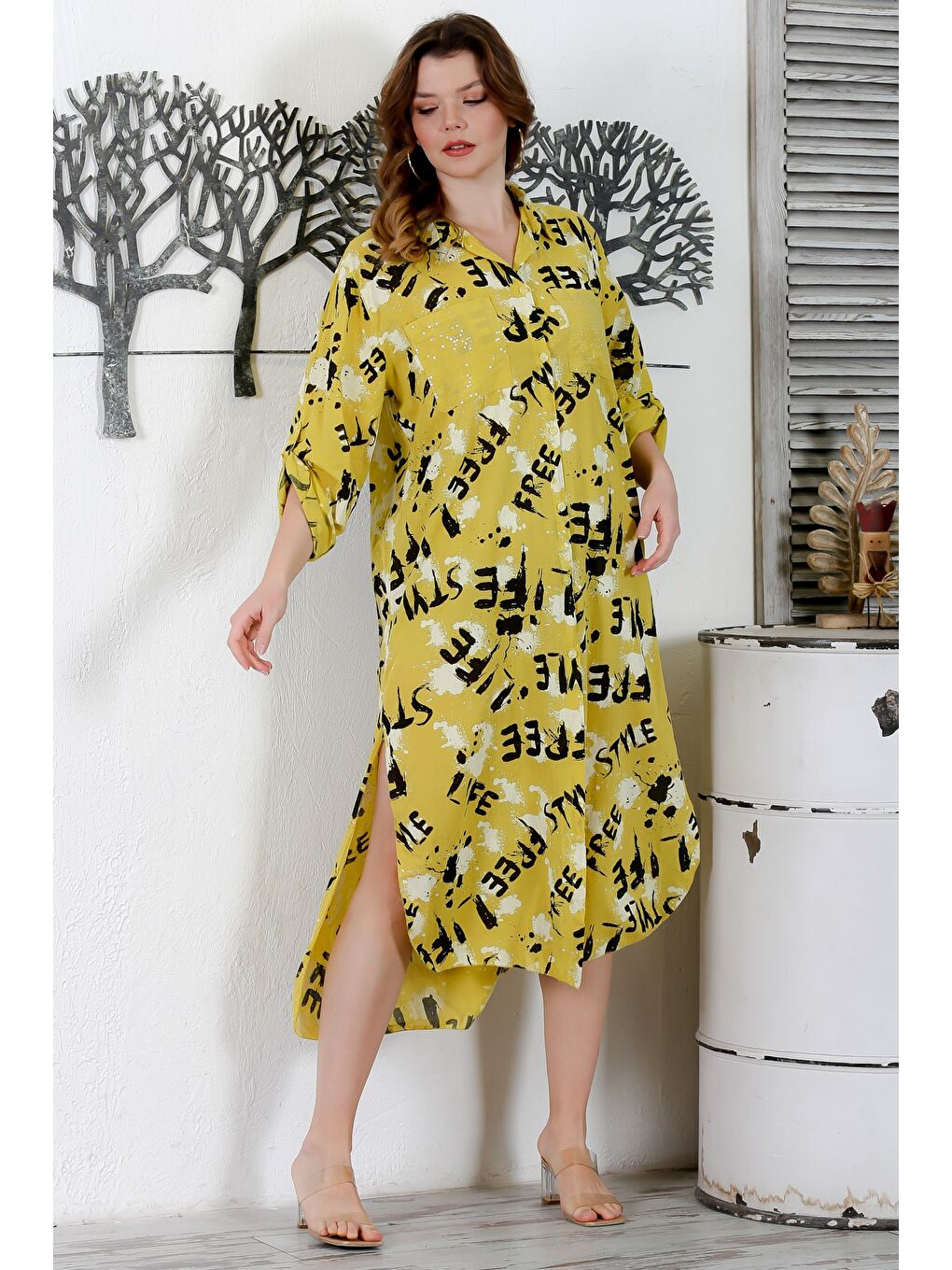 Sarı İtalyan Hardal Rengi Gömlek Yaka Düğmeli Uzun Kollu Çift Cepli Allover Baskılı Dokuma Elbise 130 65-2