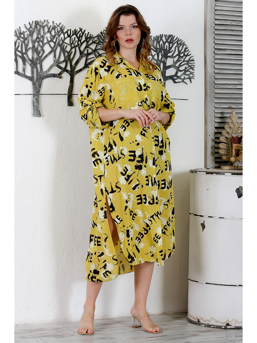 Sarı İtalyan Hardal Rengi Gömlek Yaka Düğmeli Uzun Kollu Çift Cepli Allover Baskılı Dokuma Elbise 130 65-5