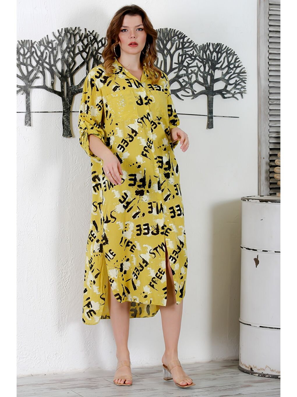 Sarı İtalyan Hardal Rengi Gömlek Yaka Düğmeli Uzun Kollu Çift Cepli Allover Baskılı Dokuma Elbise 130 65-6