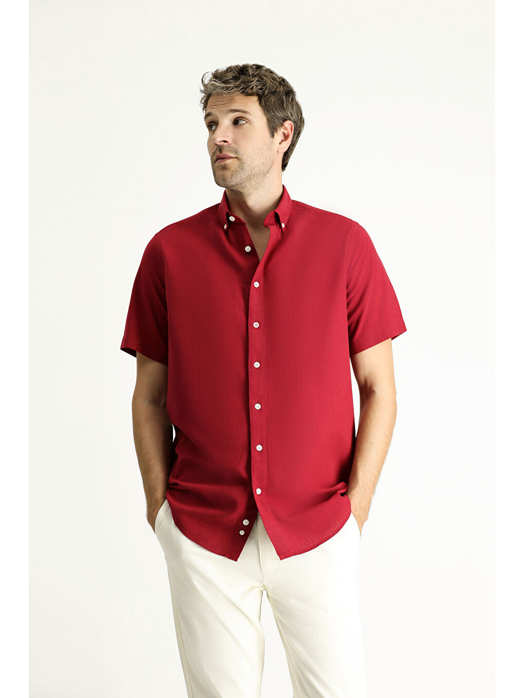Kırmızı Kısa Kol Regular Fit Spor Pamuk Düğmeli Yaka Gömlek
