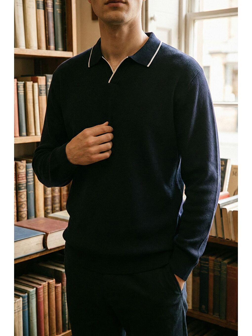 Lacivert Erkek Polo Yaka Kendinden Çizgi Desenli Triko Kazak