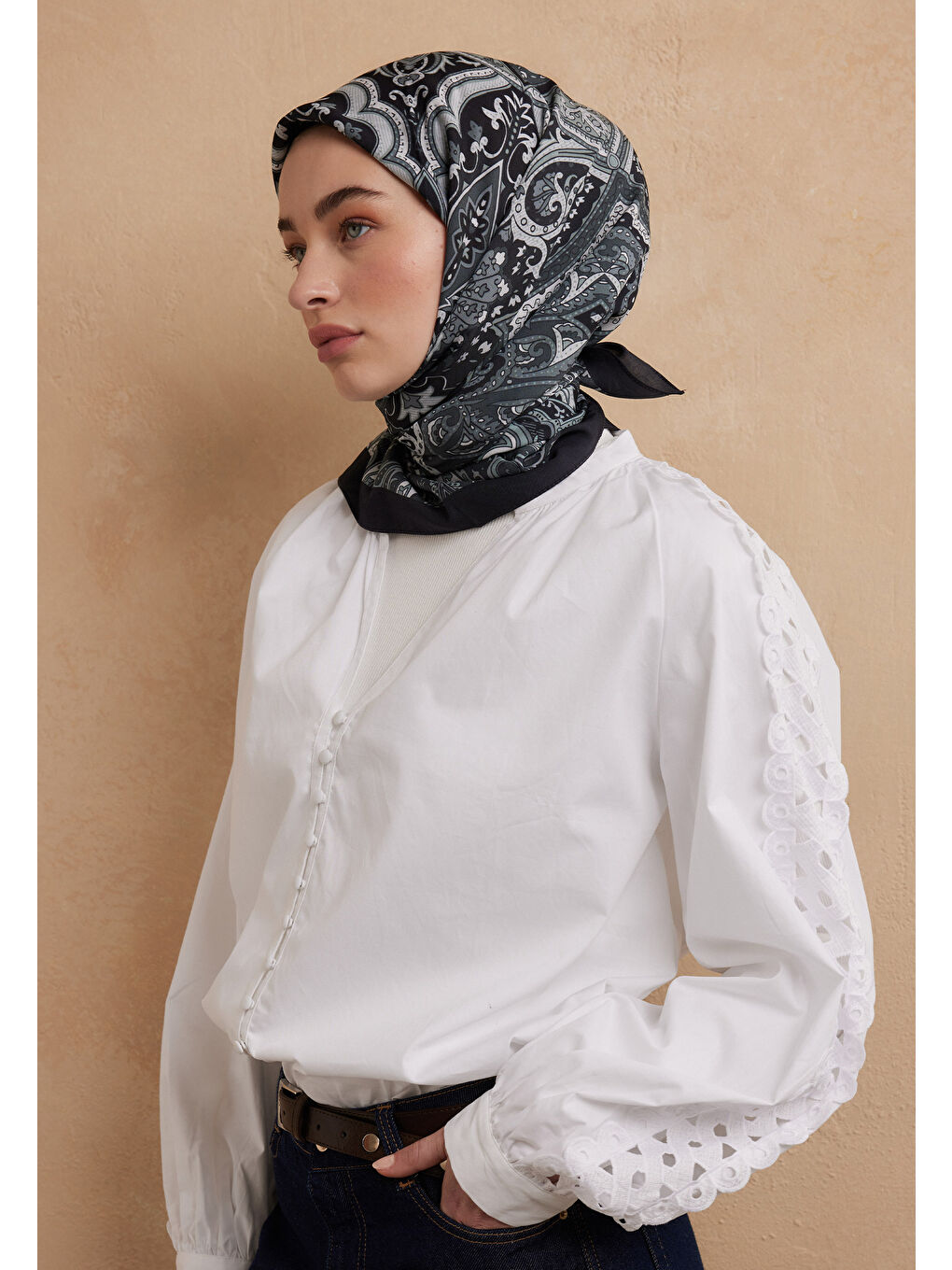 Etnıc Floral Desen Pamuk İpek Eşarp Antik Mavi-1