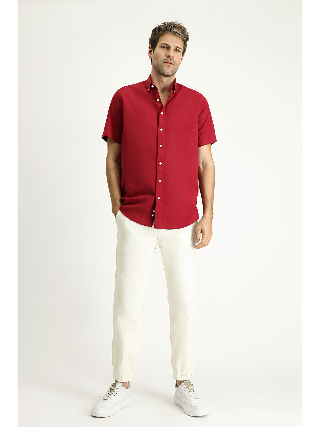 Kırmızı Kısa Kol Regular Fit Spor Pamuk Düğmeli Yaka Gömlek-1