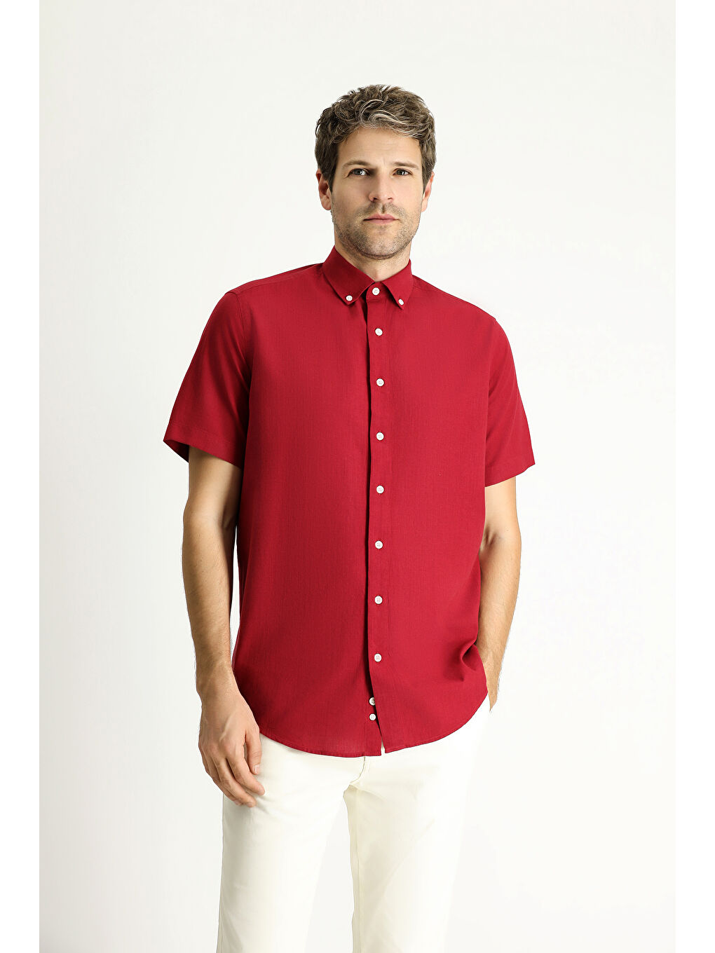 Kırmızı Kısa Kol Regular Fit Spor Pamuk Düğmeli Yaka Gömlek-2