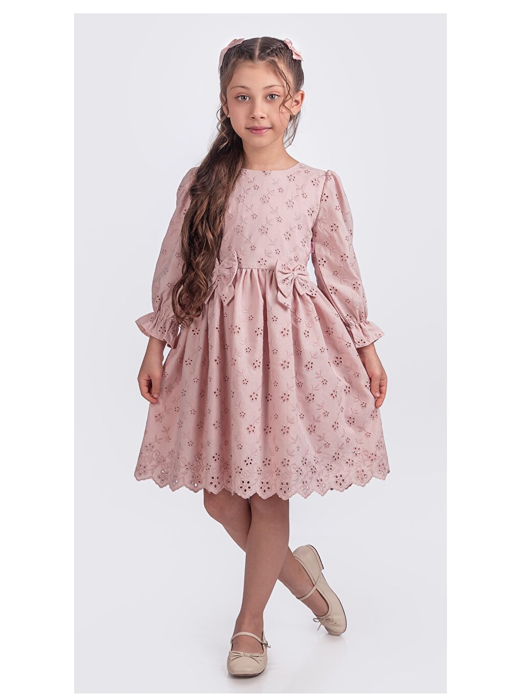 Pembe Kız Çocuk Uzun Kollu Kolları Lastikli Gupürlü Kurdele Detaylı Elbise ELB.2774-3