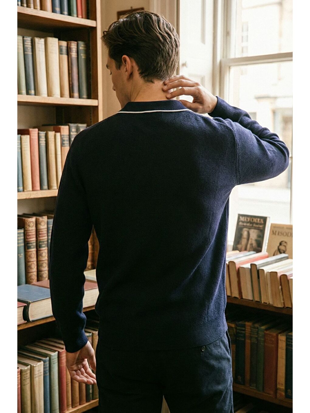 Lacivert Erkek Polo Yaka Kendinden Çizgi Desenli Triko Kazak-1