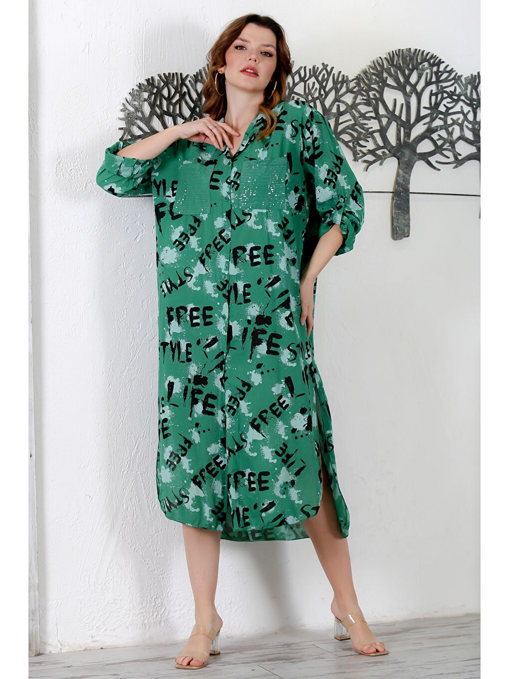 İtalyan Koyu Yeşil Gömlek Yaka Düğmeli Uzun Kollu Çift Cepli Allover Baskılı Dokuma Elbise 130 65-4