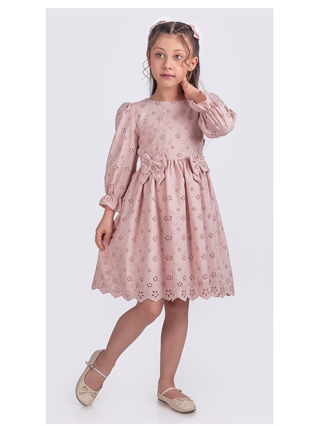 Pembe Kız Çocuk Uzun Kollu Kolları Lastikli Gupürlü Kurdele Detaylı Elbise ELB.2774-4