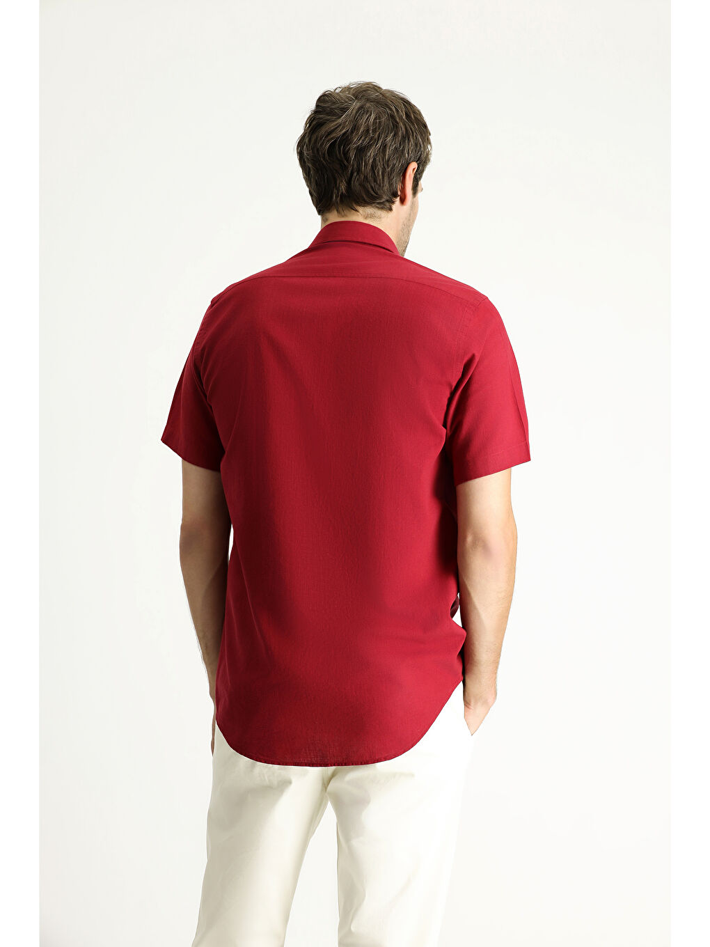 Kırmızı Kısa Kol Regular Fit Spor Pamuk Düğmeli Yaka Gömlek-3