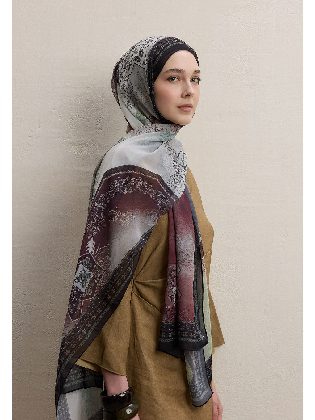 Kahverengi Amelıa Desen İpek Krep Şal Ağaç Kabuğu-1