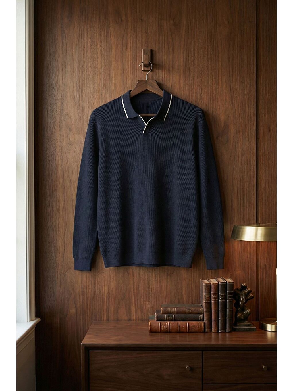 Lacivert Erkek Polo Yaka Kendinden Çizgi Desenli Triko Kazak-2