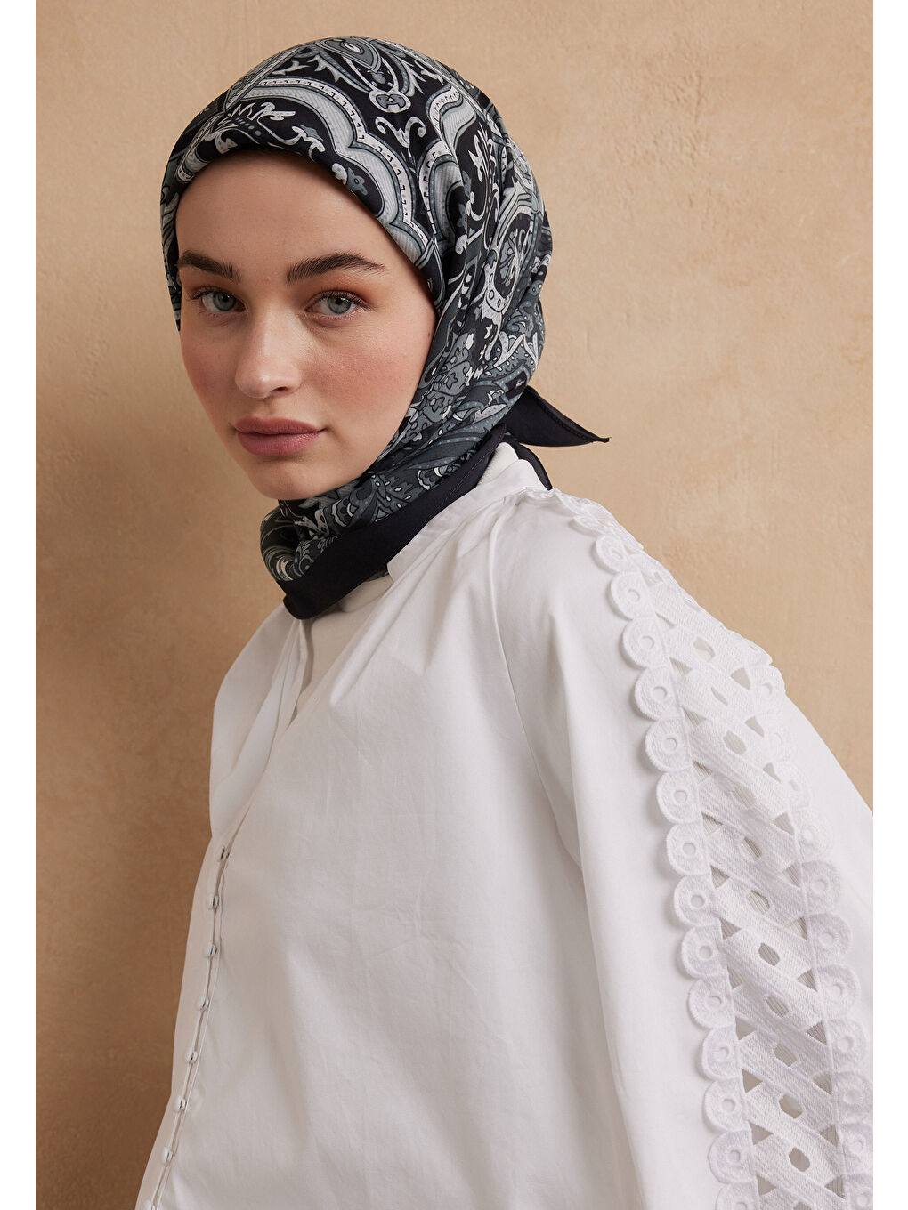 Etnıc Floral Desen Pamuk İpek Eşarp Antik Mavi-3