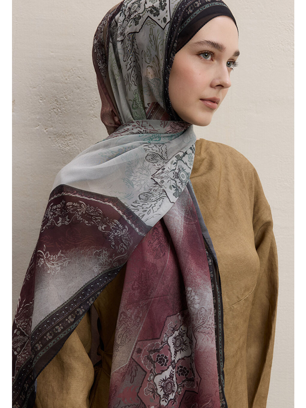 Kahverengi Amelıa Desen İpek Krep Şal Ağaç Kabuğu-2