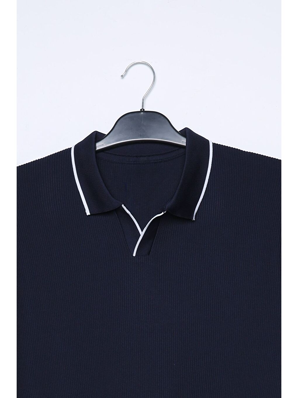 Lacivert Erkek Polo Yaka Kendinden Çizgi Desenli Triko Kazak-3